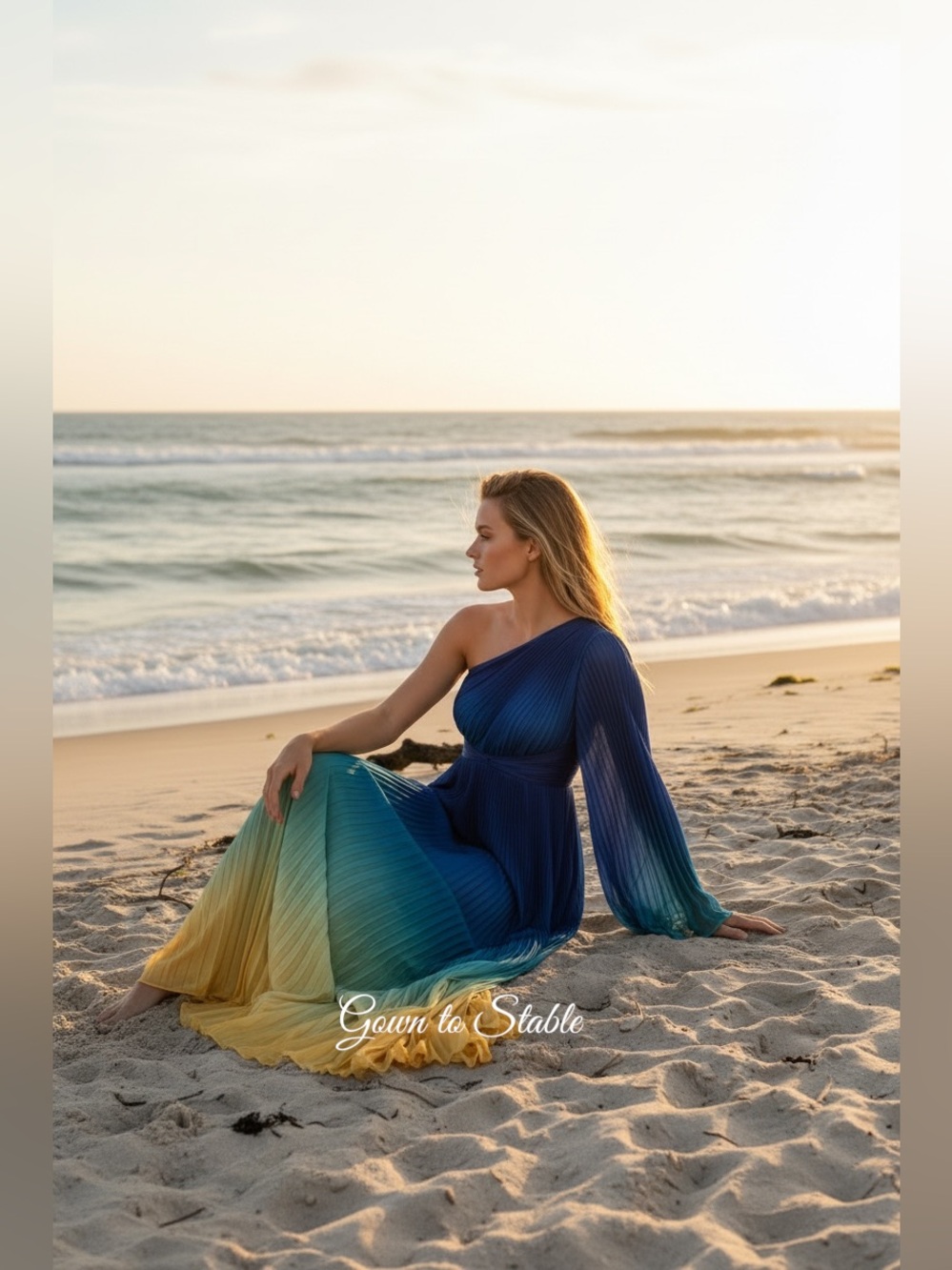 Mac Duggal by Ieena Blue Pleated Charmeuse One Shoulder Ombre Gown 49903 - Picture 2 of 16